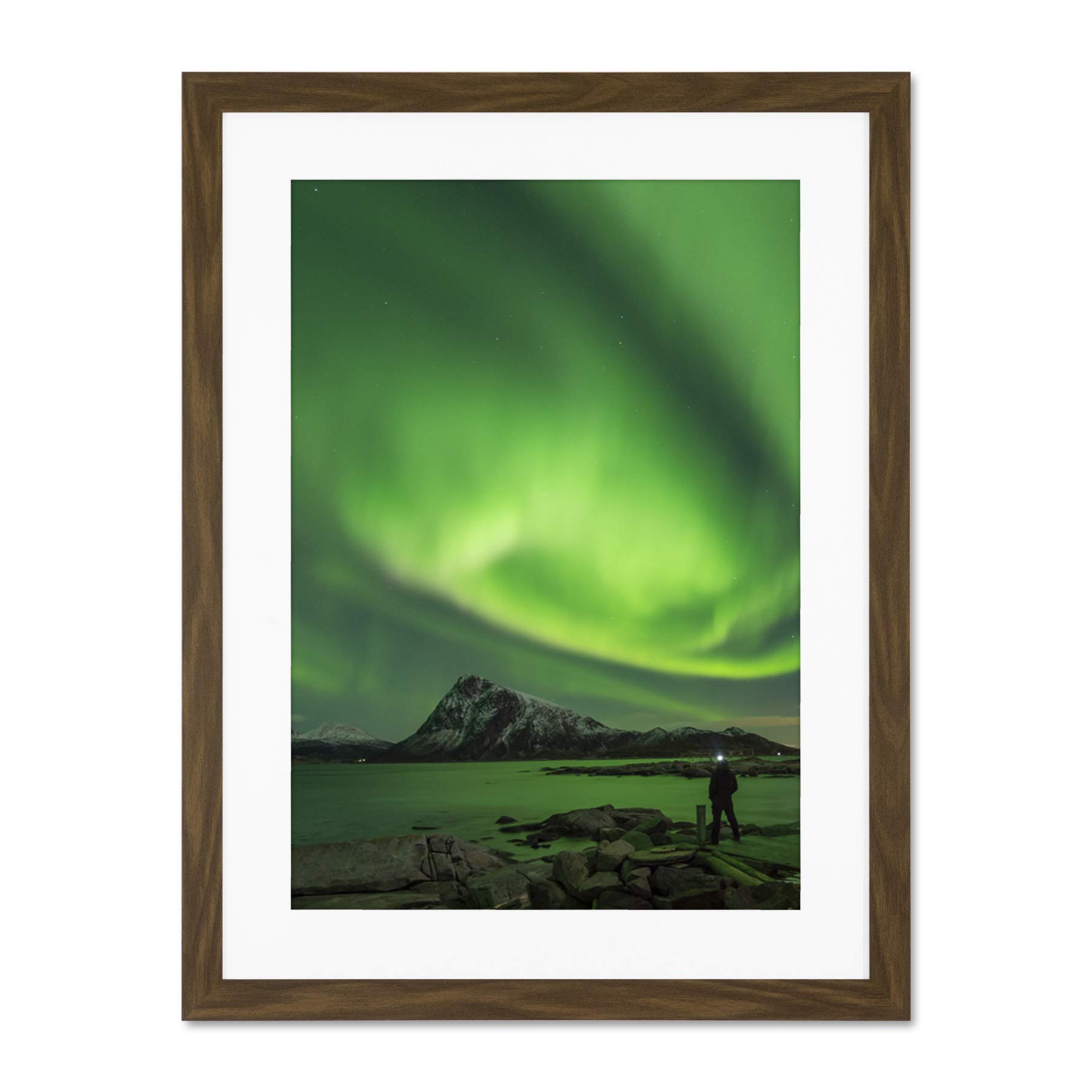 Northern Lights Lofoten Islands Norway Large Brown Framed Art Print Wall Poster 18x24 inch