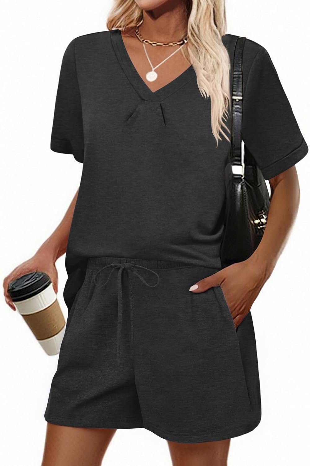 Ekouaer Two Piece Lounge Sets for Women 2025 Summer Short Sets V Neck Pajamas Vacation Outfits S-XXL