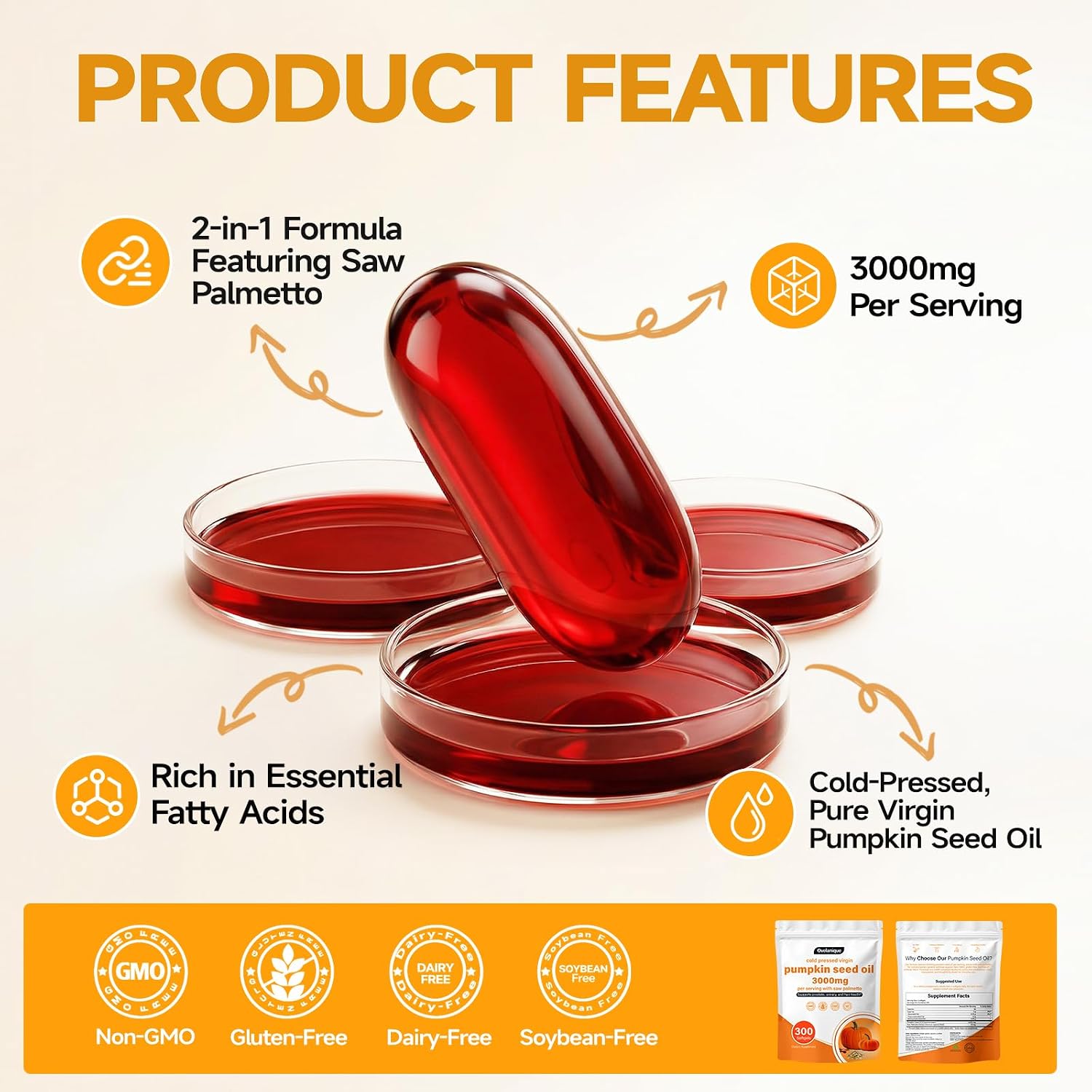 Pumpkin Seed Oil Capsules 3000mg with Saw Palmetto – Cold-Pressed Capsules for Men & Women | Non-GMO | Support Hair & Overall Well-Being | 300 Softgels