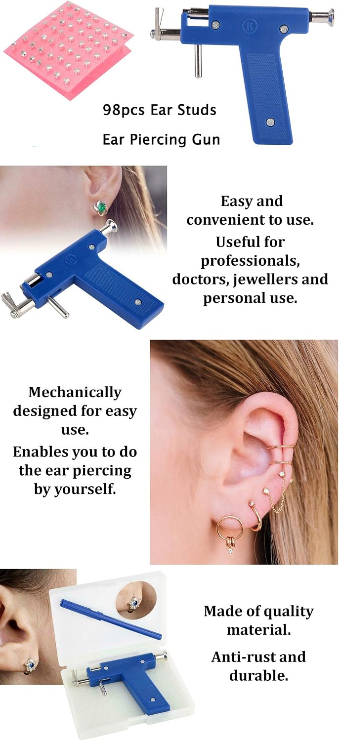 Professional No Pain Steel Safe Blue Pro Steel Ear Nose Body Piercing Gun Tool Kit 98 PCS Instrument Studs Set Jewelry Tool