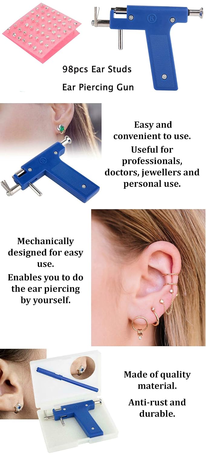 Ear Piercing Tool Kit, Earring Pericings Gun Tools Set,98Pcs Ears Nose Navel Lip Piercer Machine Studs, Stainless Steel Body Hole Peircing Peicing Guns Stud Earrings For Salon Home Pearcings Kits
