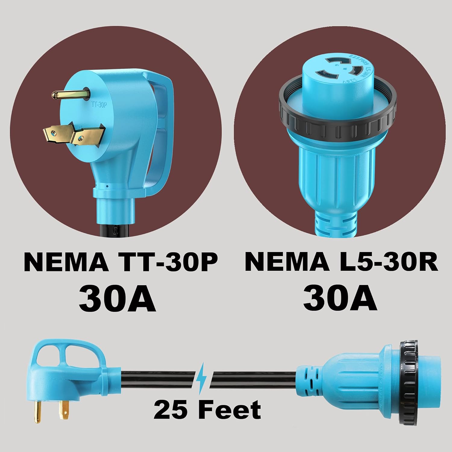 CircleCord UL Listed 30 Amp 25 Feet RV Power Cord Twist Locking, Heavy Duty 10 Gauge 3 Wire STW Pure Copper Wire with Grip Handle, TT-30P to L5-30R with Cord Organizer for RV Trailer Campers : Automotive