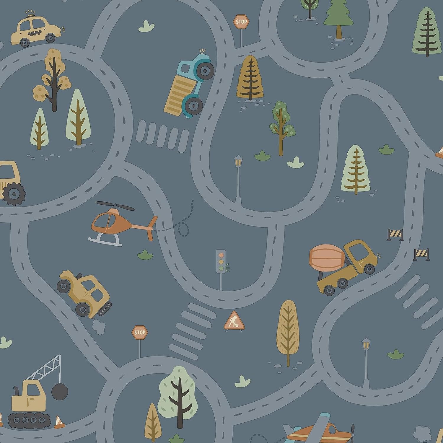 Holden Storybook Roundabout Road Fun Vehicle and Traffic Themed Wallpaper with Cars, Trucks, Helicopters, Diggers for a Playful Boys Bedroom Wall Denim Blue (14083)