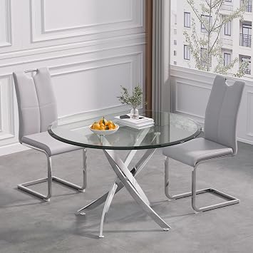 3 Piece Dining Table Set, Small Dining Table Set for 2, Kitchen Table Chairs Set of 2, 36" Round Glass Dining Table & 2 Grey Leather Chairs for Small Space, Apartment, Breakfast Nook, Dinette