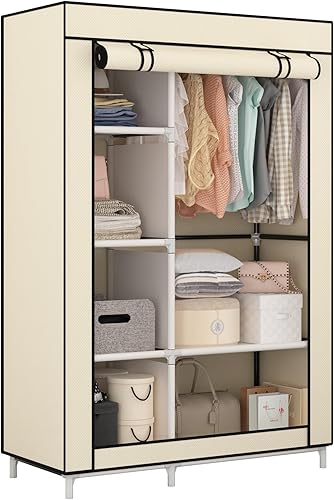 Calmootey Organizadores portátiles de armario, almacenamiento de ropa, armario con 6 estantes y barra para colgar, cubierta de tela no tejida con 4