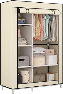 Calmootey Portable Closet Organizers, Clothing Storage, Wardrobe with 6 Shelves and Hanging Rod, Non-Woven Fabric Cover with 4 Side Pockets, Beige