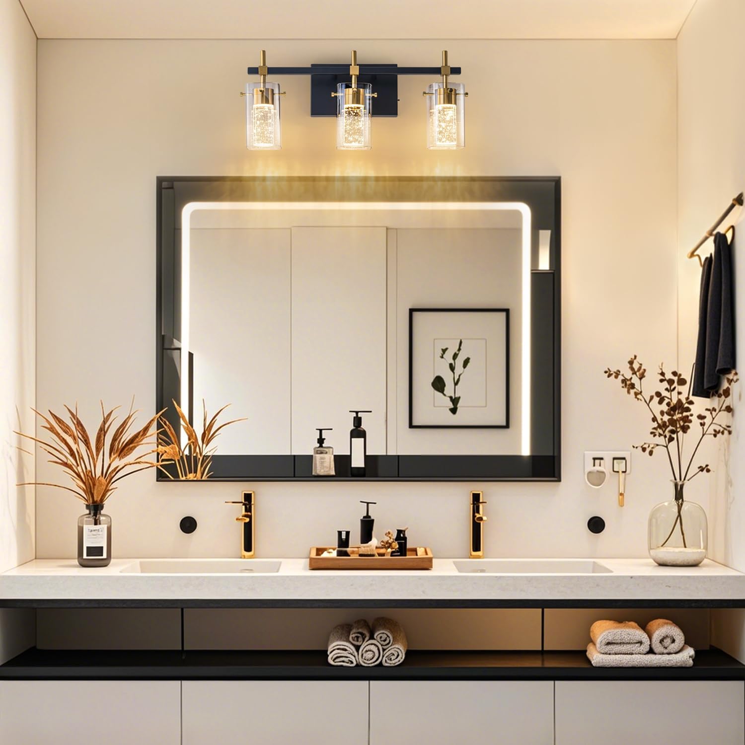 3-Light Black and Gold Vanity Light with 3 Color Modes (3000K/4000K/6000K),Dimmable Modern Wall Light Over Mirror,LED Bathroom Light Fixturewith Clear Glass Shade
