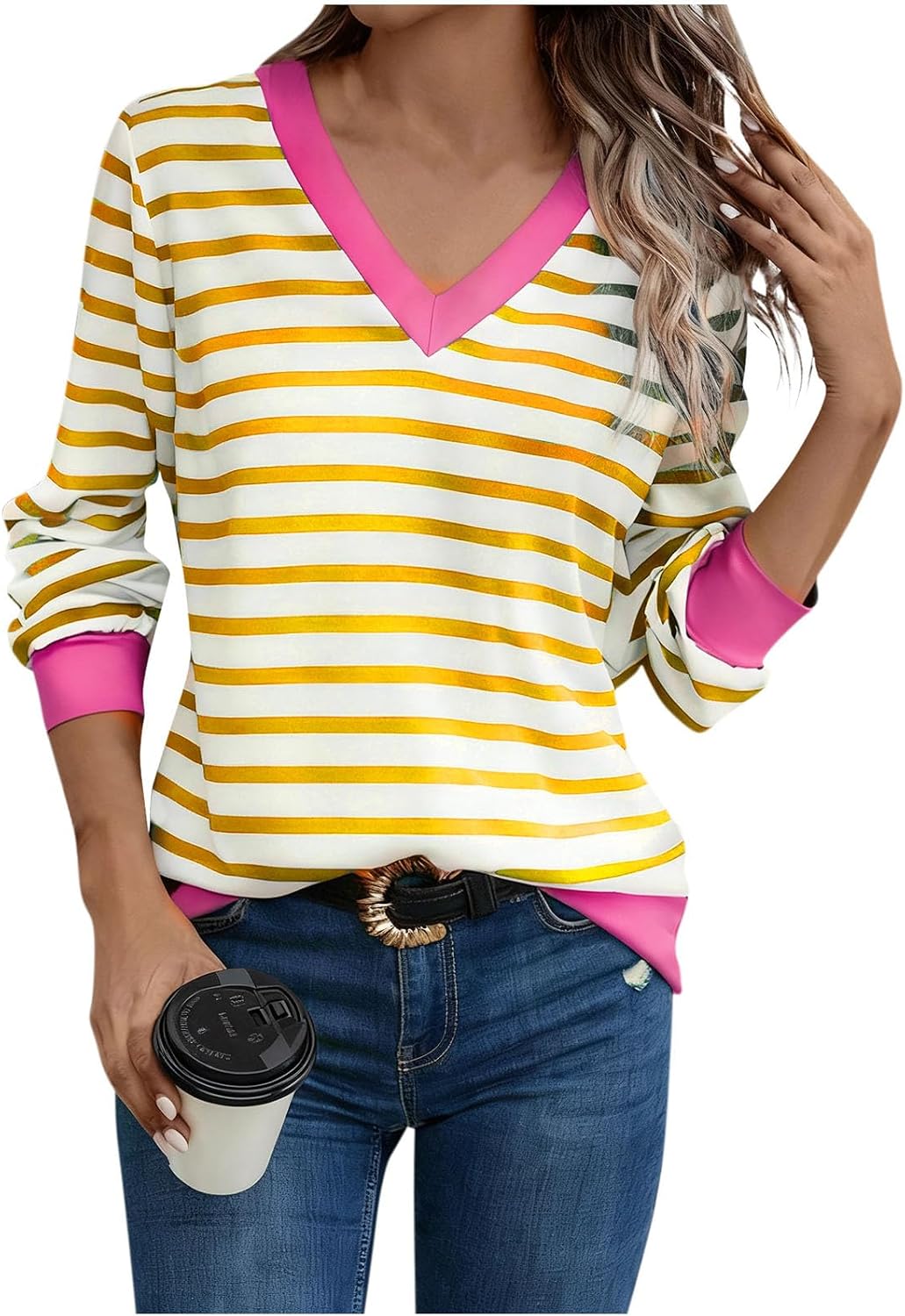 Womens Striped V Neck Long Sleeve Tops Color Block Pullover Shirts | Ladies Solid Long Sleeve Blouses Dressy Work Tunic Soft Lightweight Thermal Basic Tee