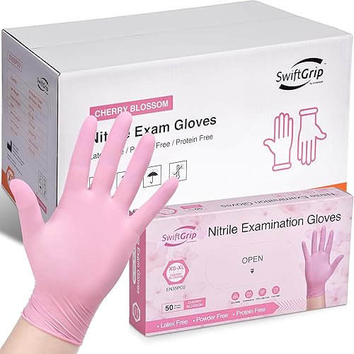 Miniatura 1 de SwiftGrip Guantes de nitrilo rosa, 3 mil, guantes industriales rosados, sin látex, guantes de limpieza rosados, caja de 50 unidades
