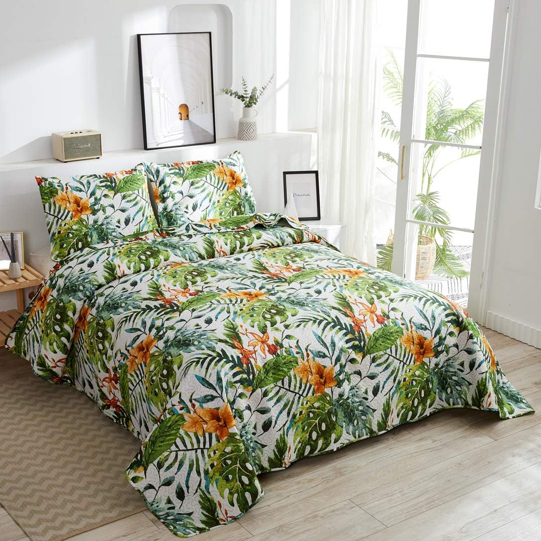 Summer Rainforest Bedding Jungle Plant Quilts Set Full/Queen Size,3Pcs Lightweight Tropical Bedspreads Reversible Leaves Monstera Flowers Coverlet Set Pillow Shams