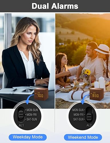 Miniatura 4 de Reloj despertador digital, con pantalla LED electrónica de madera, 3 alarmas, 2.5 pulgadas, cúbicos pequeños, relojes eléctricos hechos de madera