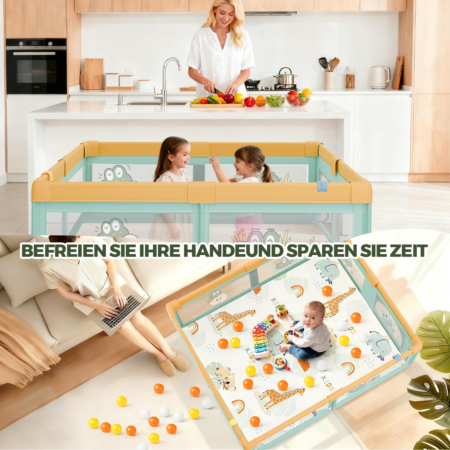Box Bambini 180x200 con Tappeto, Recinto per Bambini con 360° Rete Traspirante, Tessuto Oxford, Laterali con Zip, Antiscivolo Robusta Centro Attività, 60 Palline, 4 Maniglie, Coccodrillo verde
