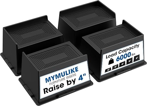 MYMULIKE Bed Risers L Shape Rectangle 2 inch 3 inch 4 inch 5 inch 6 inch Black 4 Pack, 4 inch