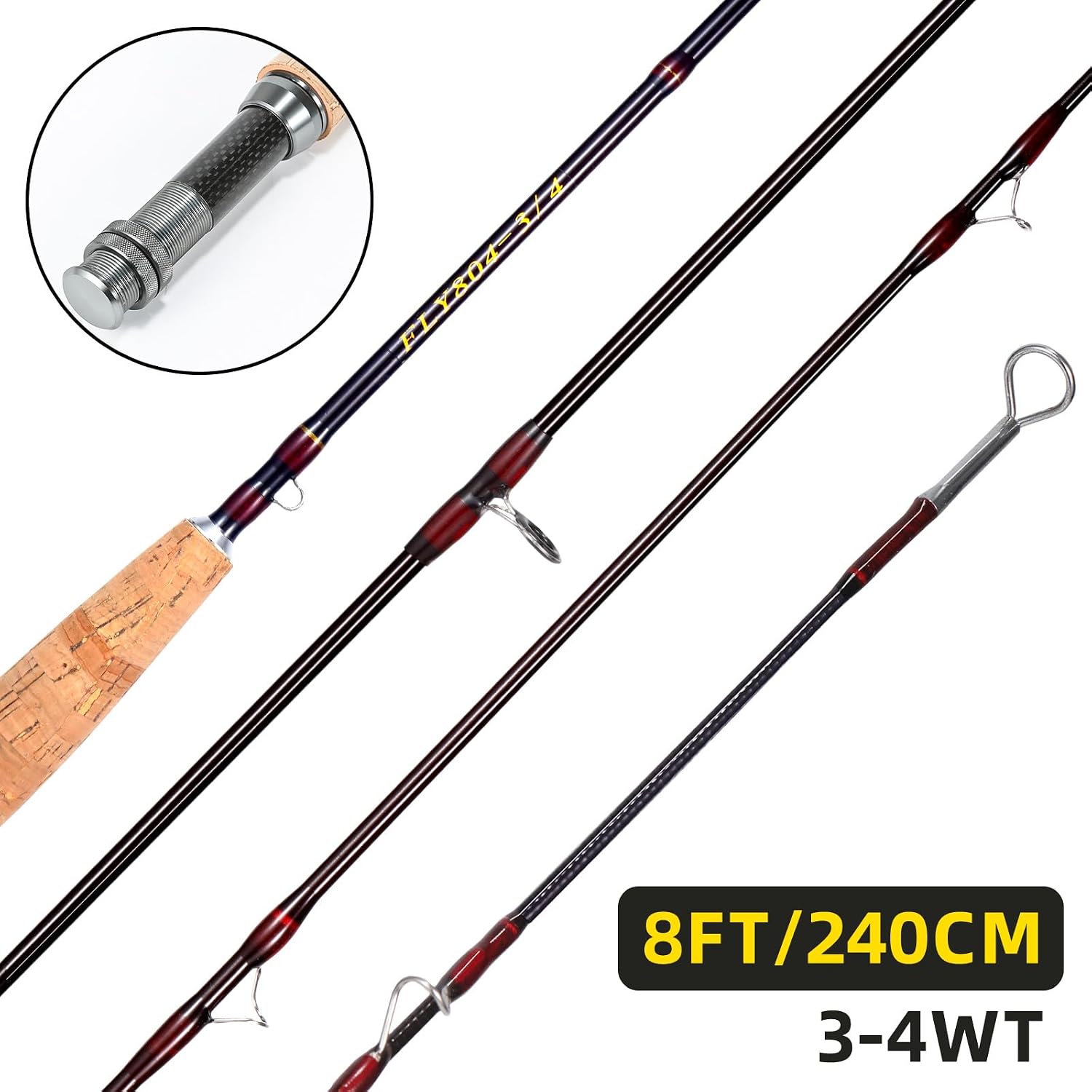 Fly Fishing Rod, Carbon Fiber, 8ft, 3/4wt to 5/6wt, 4 Piece Sections, Lightweight, Medium-Fast Action, Cork Grip, Hard Chromed Guides, Freshwater Bass Trout Fishing
