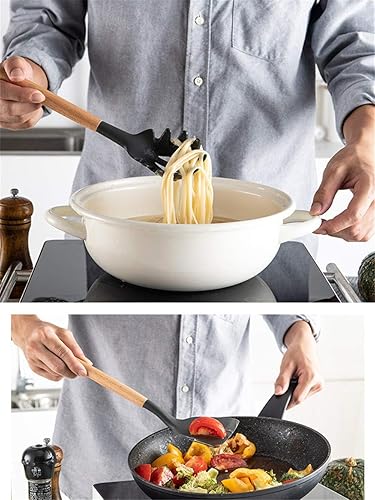 Miniatura 5 de Ulalaza Juego de utensilios de cocina de silicona, resistentes al calor, antiadherentes, con asas de madera, para restaurante comercial y hogar