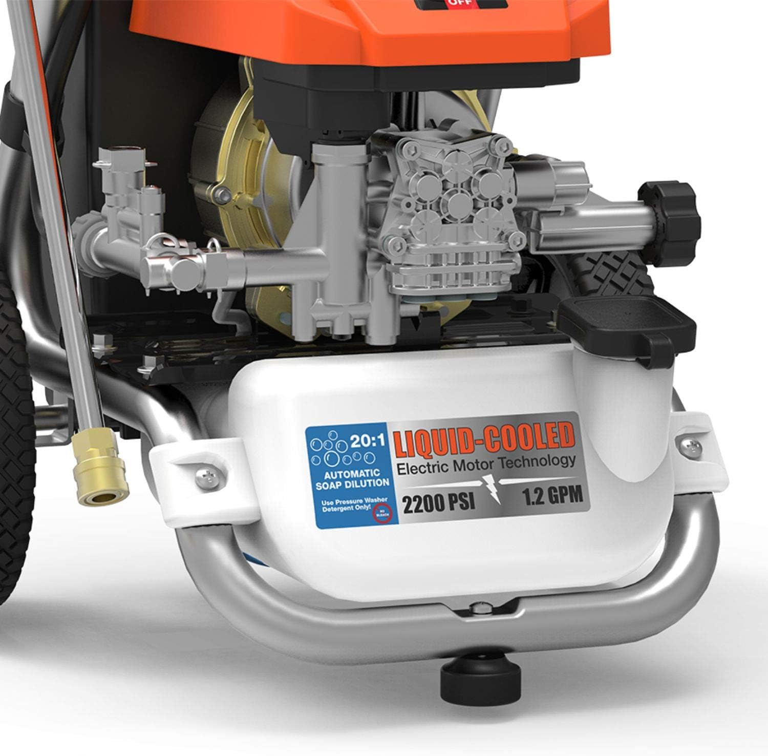 Limited Discount YARD FORCE YF2200LC, 1.2 GPM, 13 amp Water-Cooled Motor, 25' “Live” Hose Reel & Bonus Turbo Nozzle, 1 Gallon Soal Tank 2200 Psi Electric Pressure Washer, Orange/Black