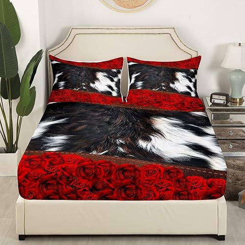 Miniatura 10 de Manfei Juego de sábanas de vaquero tamaño matrimonial, juego de sábanas de 4 piezas con estampado de piel de vaca abstracta con sábana bajera de