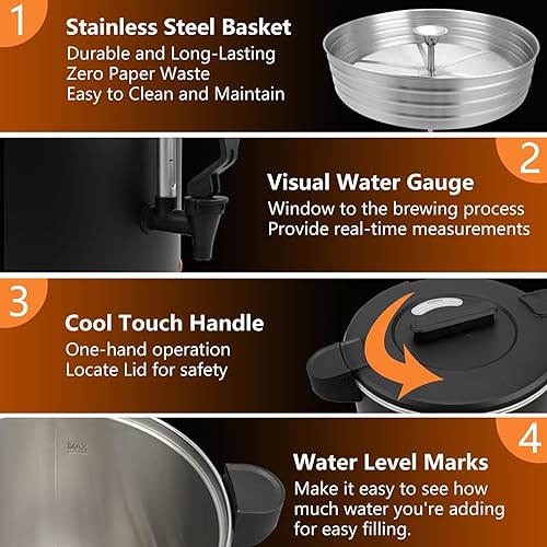 Miniatura 5 de Urna de café comercial de 30 tazas de 6 L, 750 W, cafetera de doble pared de percolado, dispensador de urna de agua caliente de acero inoxidable con