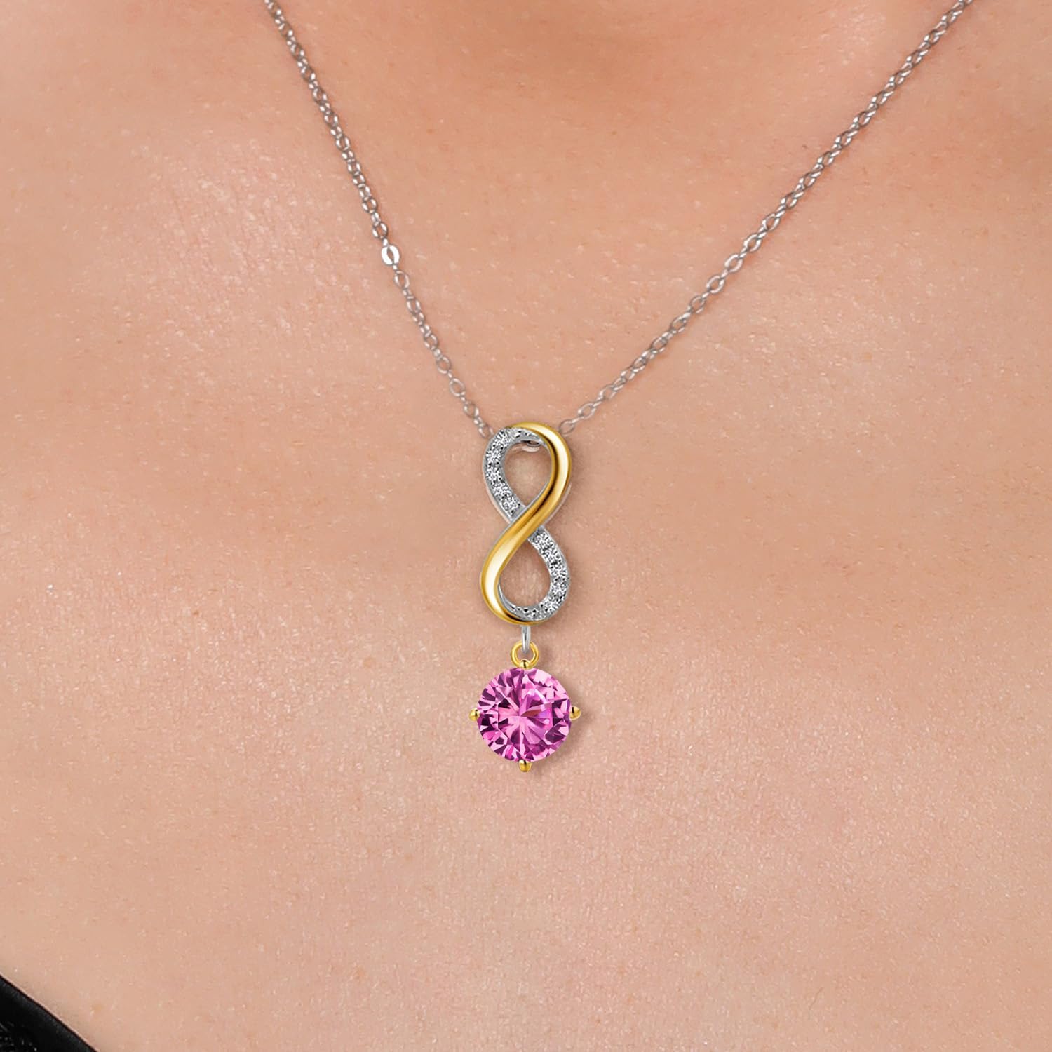 Gem Stone King 925 Silver and 10K Yellow Gold Pink Created Sapphire and Lab Grown Diamond Pendant Necklace for Women | 2.08 Cttw | Gemstone September Birthstone | Round 6MM | With 18 Inch Silver Chain - Image 3