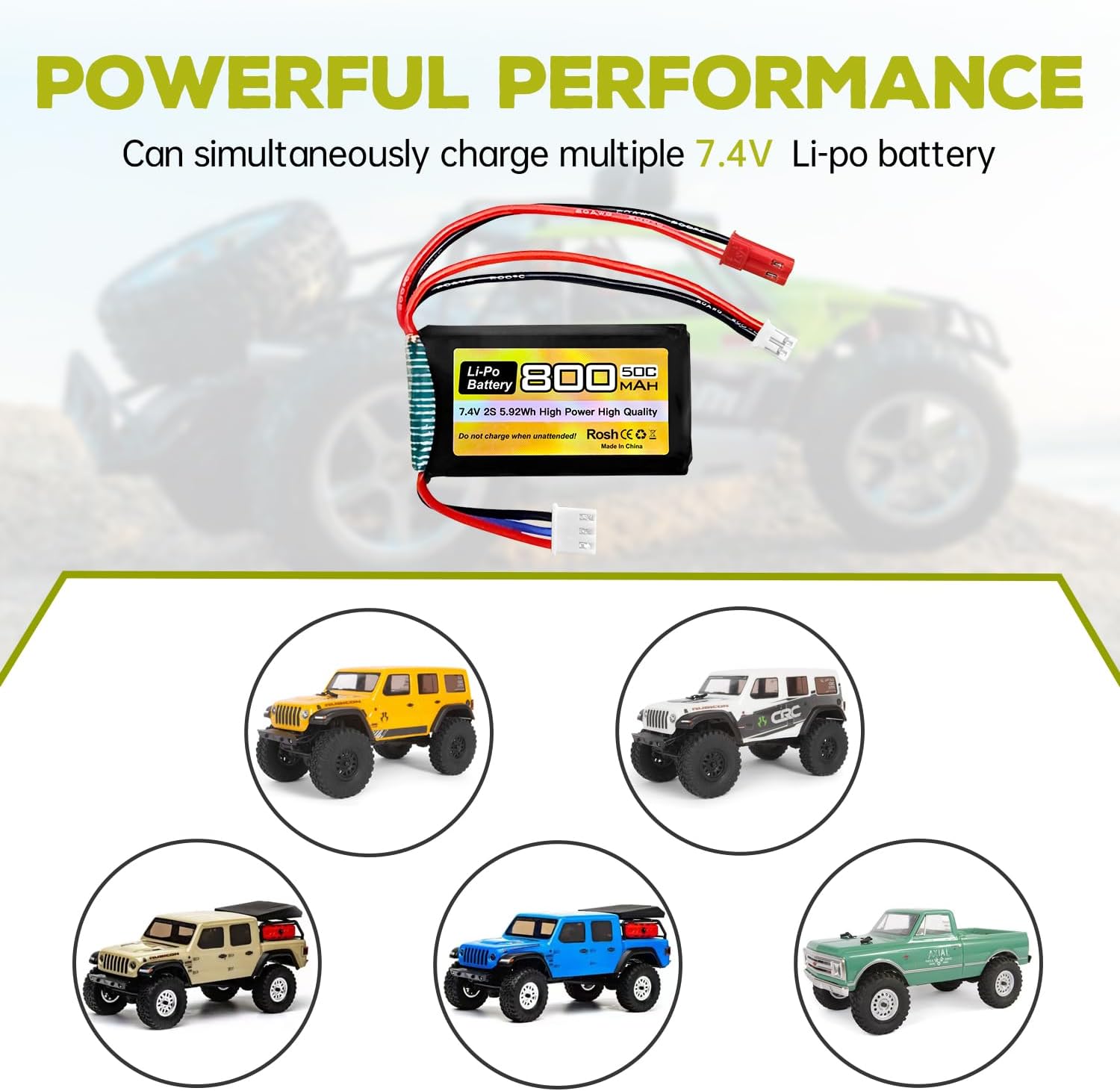 sea jump 2PCS 7.4V LiPo 2S 50C 800mAh with JST and PH2.0 Plug for SCX24 RC Car Battery, Compatible with Nost 1/10, 1/16, 1/18, 1/24 Scale RC Car, Truck and RC Drone Batteries