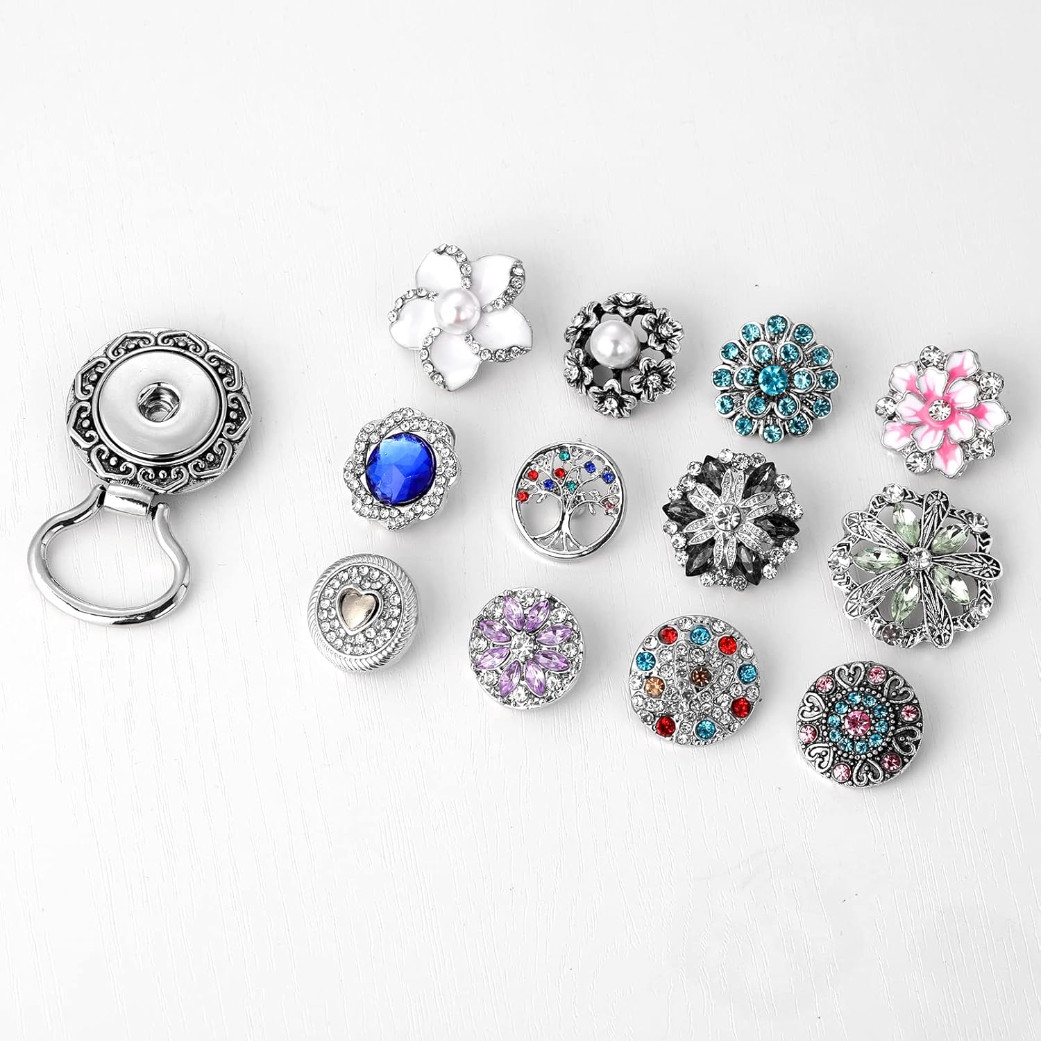 MJartoria Interchangeable Snap Buttons Centerpiece Rhinestone Eye Glass Holding Brooch (12pcs Blue-Rhinestone) - Image 4