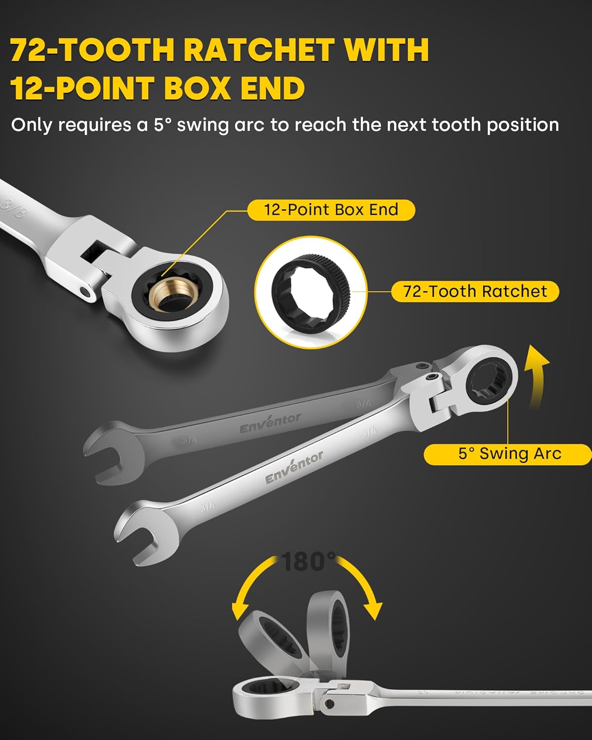 Enventor 14 Pieces Ratcheting Wrench Set, Metric 6-19mm, 180° Flex Head, CR-V Steel, 72-Teeth, 12-Point Combination Ratchet Wrenches Set with Rolling Pouch