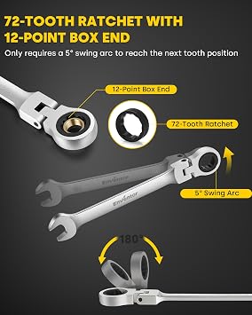 Enventor 14 Pieces Ratcheting Wrench Set, Metric 6-19mm, 180 Flex Head, CR-V Steel, 72-Teeth, 12-Point Combination Ratchet Wrenches Set with Rolling Pouch