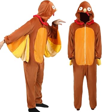 Adult Turkey Onesie Costume Turkey Pajamas Outfit Funny Animal One Piece Suit for Women Men Cosplay Thanksgiving Halloween Small