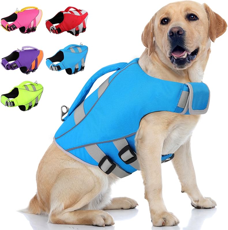 Queenmore Large Dog Life Jacket Ripstop Dog Life Vest for Swimming Boating | Puppy Life Jackets for Small Dogs, Pet Life Vests with Rescue Handle Leash Hole, Safety Water Floating Vest, Hi-Vis Blue