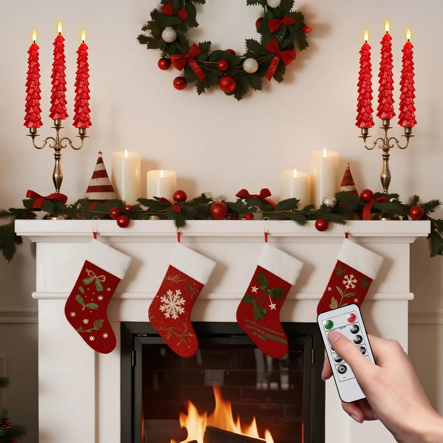 Christmas Tree Candles, Red Christmas Taper Candles, Set of 6 Real Wax LED Flameless Taper Candle, 9.8 Inch LED Tree Candlesticks for Xmas Home Decor