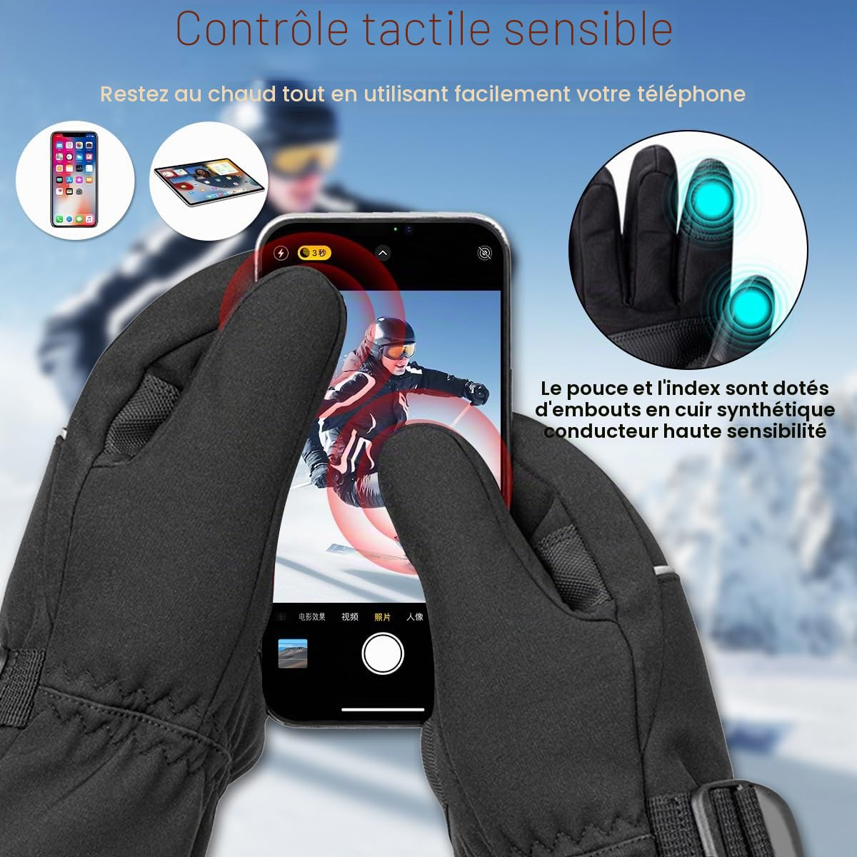 Gants Chauffants avec Batterie Rechargeable 7.4V 20000mAh，Gants Chauffants 3 Niveaux De Températures, Électriques Gants pour Hommes et Femmes Chauds Écran Tactile Moto Vélo Ski (Noir, M)