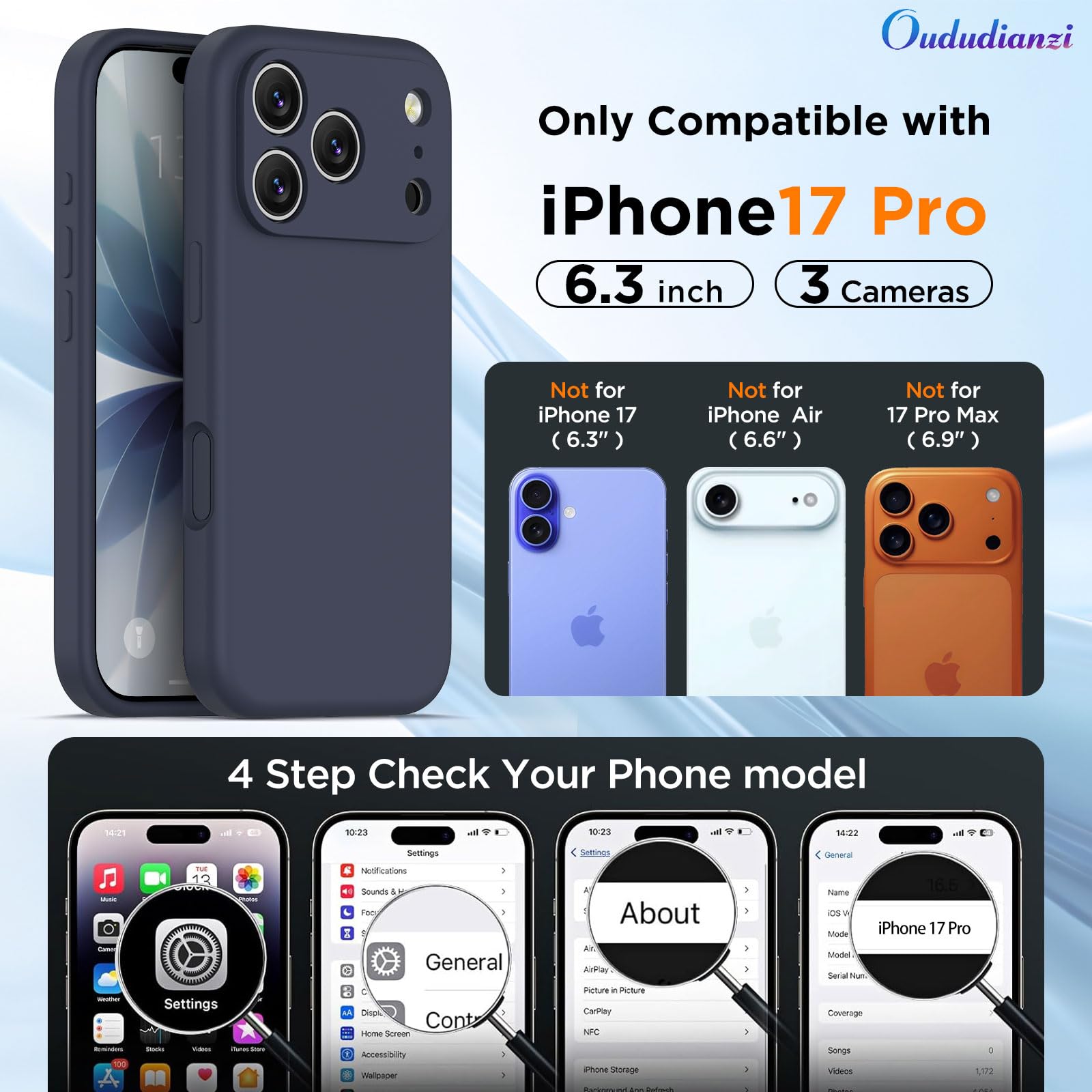 Oududianzi - Cover Compatibile con iPhone 17 Pro Silicone Liquido, Interno in Microfibra Morbida, Protezione Antiurto Resistente Aantigraffio Custodia iPhone 17 Pro Case - Blu Notte