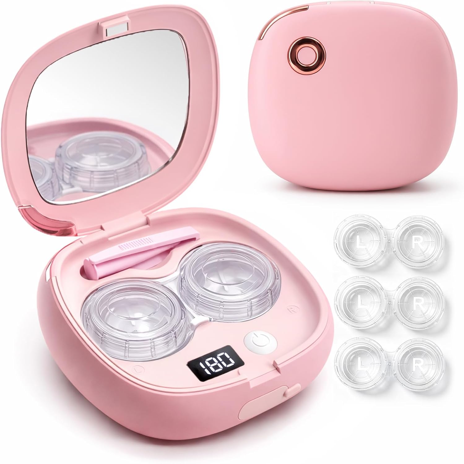 Vastsoon Ultrasonic Contact Lens Cleaner Machine – Portable, Rechargeable Cleaning Kit with 4 Contact Lens Solution Cases, Applicator & Removal Tools – for Travel & Home Use (Pink)