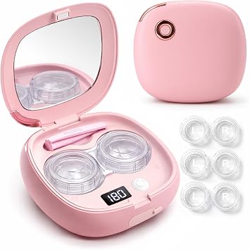 Vastsoon Ultrasonic Contact Lens Cleaner Machine Portable, Rechargeable Cleaning Kit with 4 Contact Lens Solution Cases, Applicator & Removal Tools for Travel & Home Use Pink