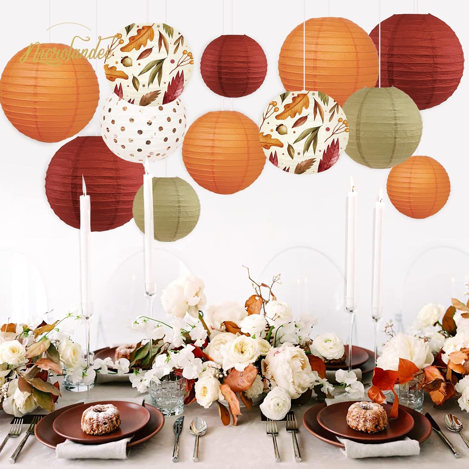 NICROLANDEE Fall Wedding Decorations Set - Tissue Pom Poms, Dots Paper Garland, Maple Leaves Hanging Paper Lanterns, Crepe Paper Streamers for Autumn Harvest Party