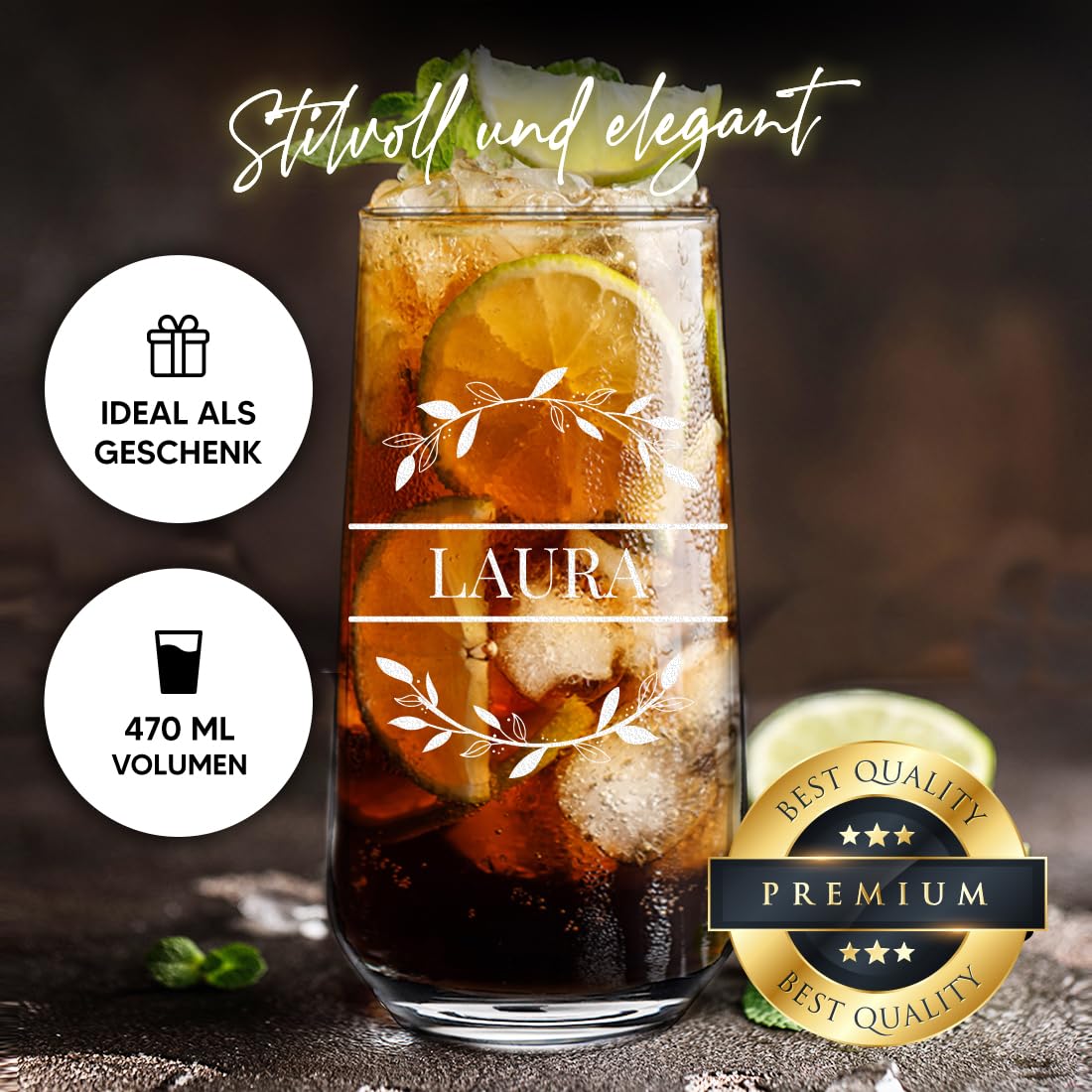 polar-effekt Longdrinkgläser 470 ml 6 Stück mit personalisierter Gravur - Trinkgläser Set mit Namen - Highballgläser für Partys - für Wasser, Saft und Drinks