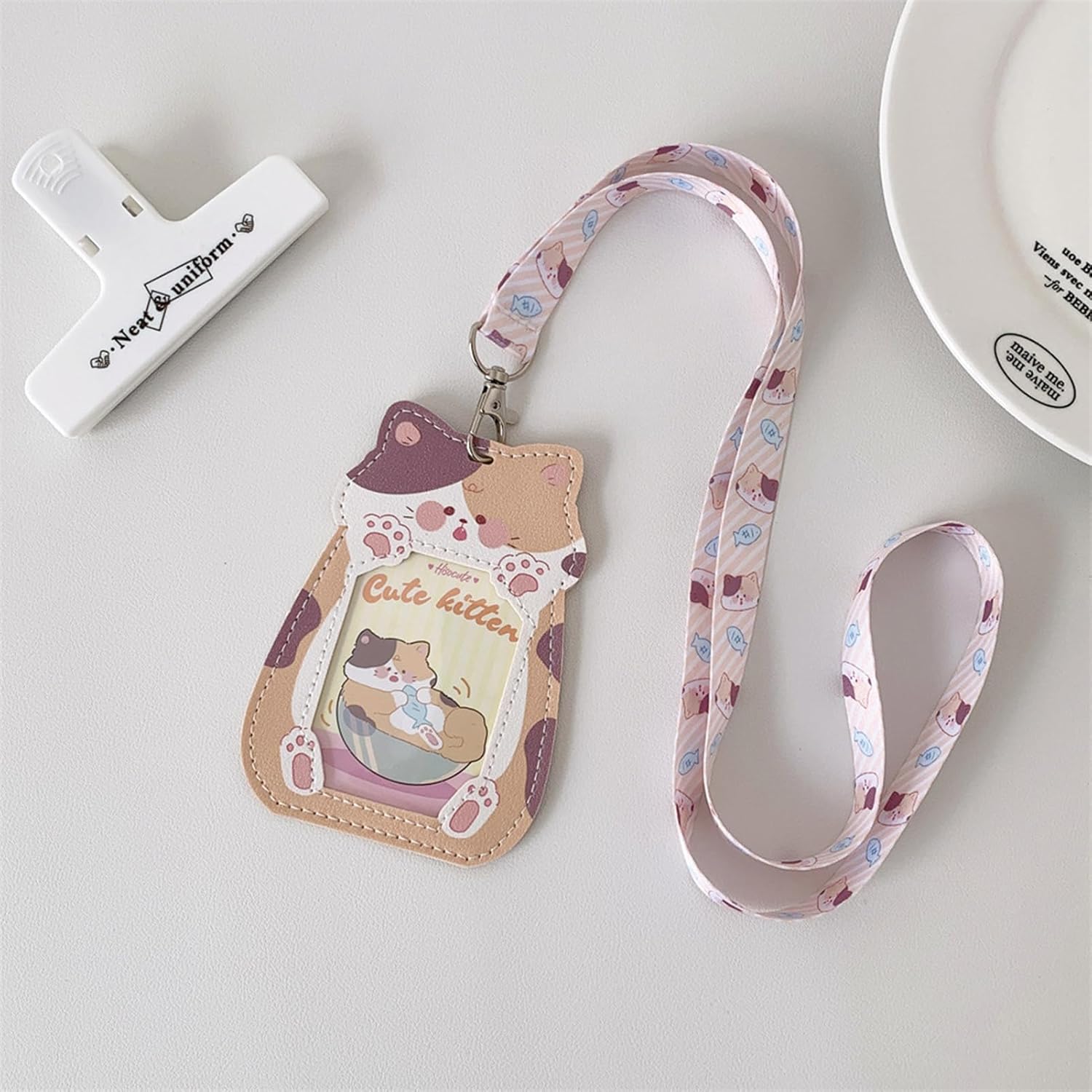 Cute Badge Holder Lanyard Cartoon Cat ID Card Holder Kawaii ID Badge Keys Lanyard Strap Neck Lanyard PU Leather Badge Holder for Women Girls Boys (Cat-1) - Image 2