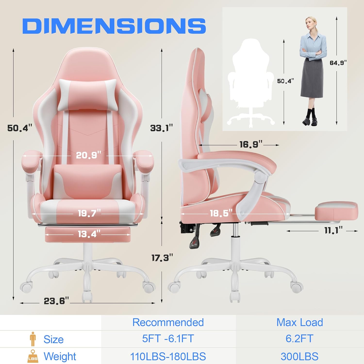 Diagram showing chair dimensions and footrest mechanism
