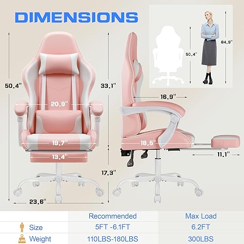 Miniatura 47 de Shahoo Silla de juegos con reposapiés y soporte lumbar de masaje, sillas ergonómicas para computadora giratorias de 360° y asiento ajustable