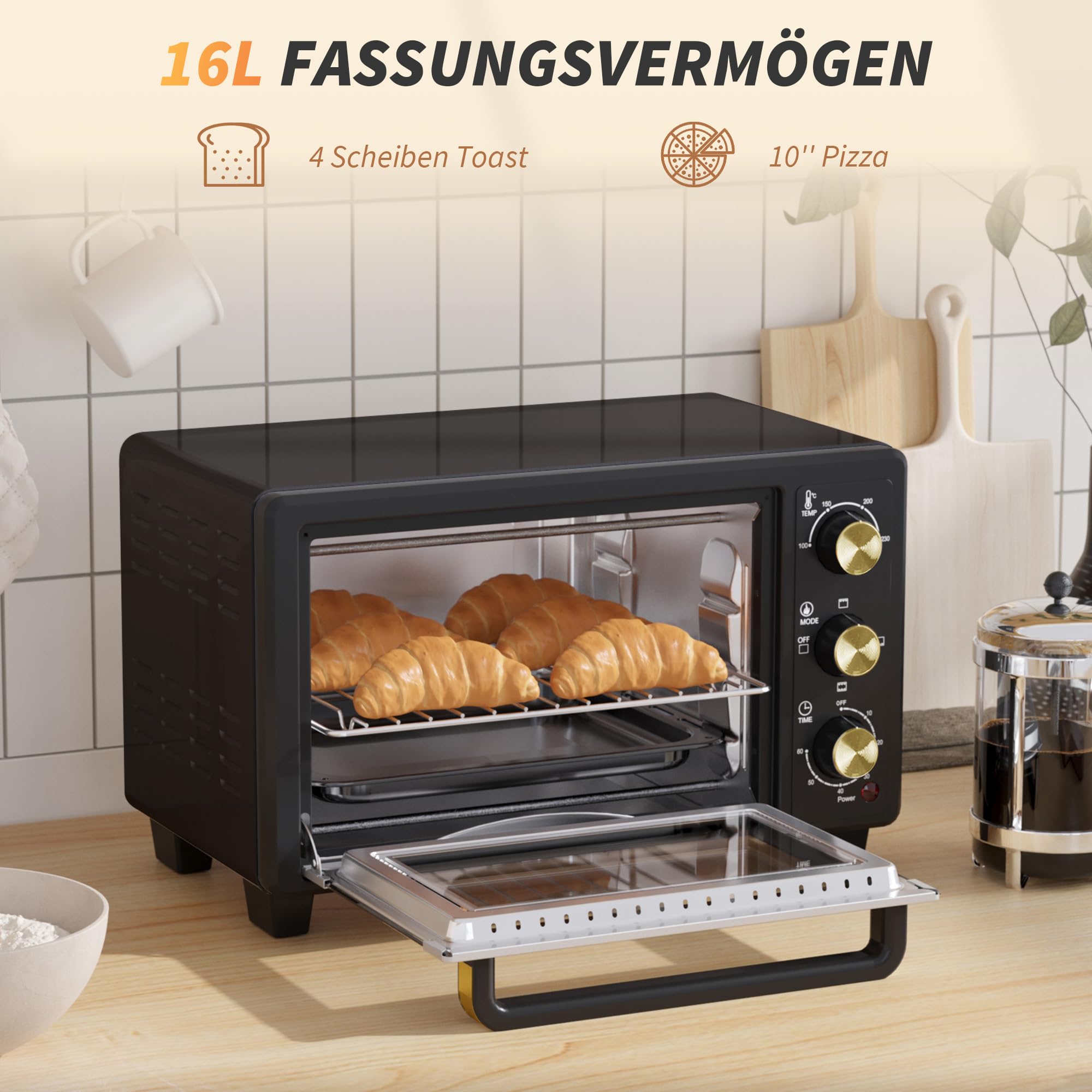 HOMCOM Mini piekarnik 16 l, 1400 W, 100-230℃, timer 60 min, w zestawie blacha do pieczenia i ruszt do grillowania, mini piekarnik z uchwytem tacy, czarny