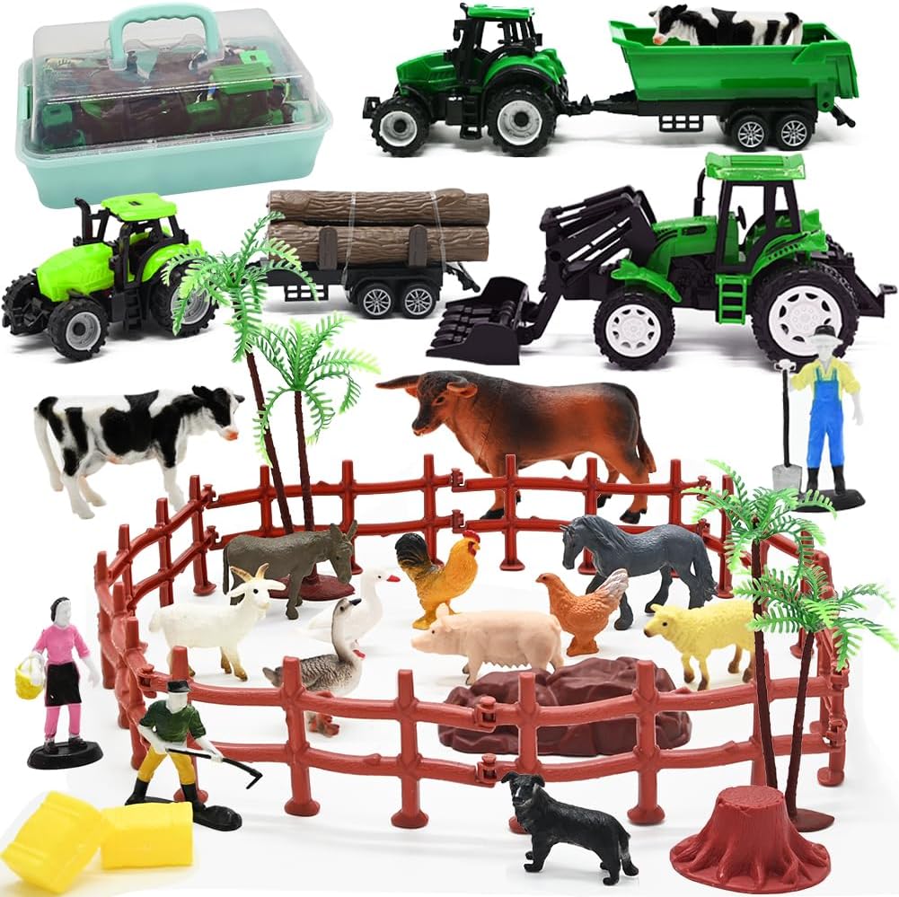Farm Animals Figures Playset, 40 Pcs Farm Toy Tractor with Plastic Farm Animals Figurines, Farmer and Fence Farm Playset, Farm Figures Farmer Truck Toy with Trailer for Kids Boys Girls Toddlers 3+