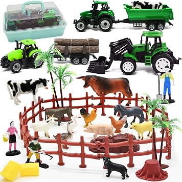 Farm Animals Figures Playset, 40 Pcs Farm Toy Tractor with Plastic Farm Animals Figurines, Farmer and Fence Farm Playset, Farm Figures Farmer Truck Toy with Trailer for Kids Boys Girls Toddlers 3+