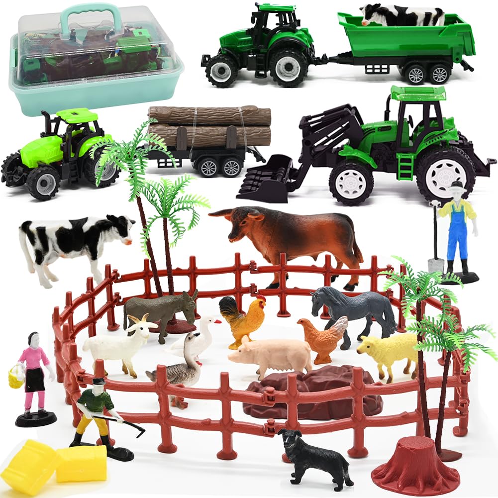 Farm Animals Figures Playset, 40 Pcs Farm Toy Tractor with Plastic Farm Animals Figurines, Farmer and Fence Farm Playset, Farm Figures Farmer Truck Toy with Trailer for Kids Boys Girls Toddlers 3+