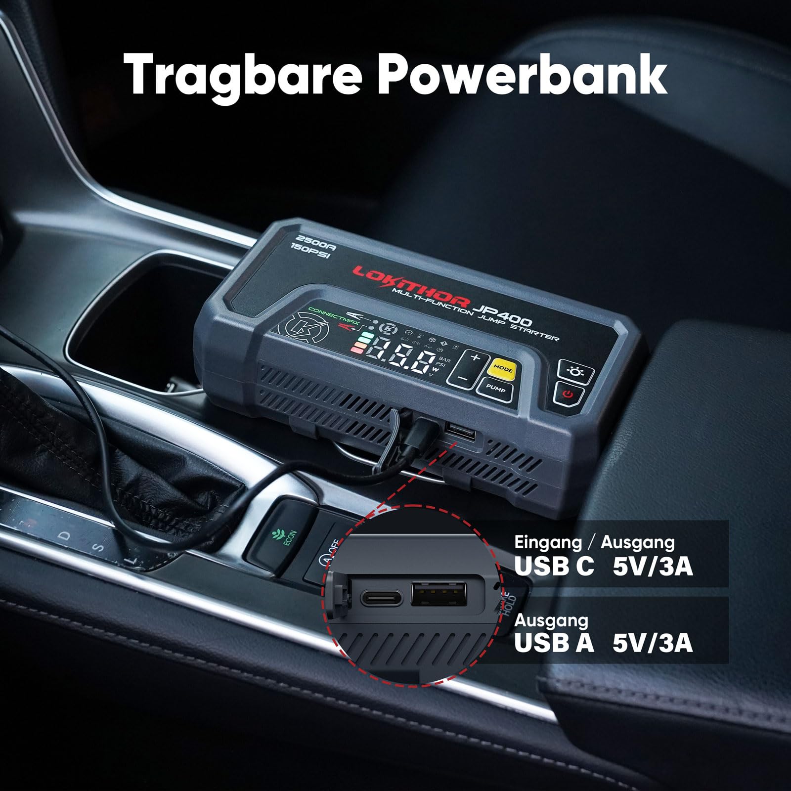 LOKITHOR JP400 Starthilfe Powerbank mit Kompressor, 2500A 12V Jump Starter tragbar für Pkw bis 8,5L Benzin / 6,5L Diesel, 150PSI Reifenfüller mit Auto-Stopp & ConnectMax Technologie