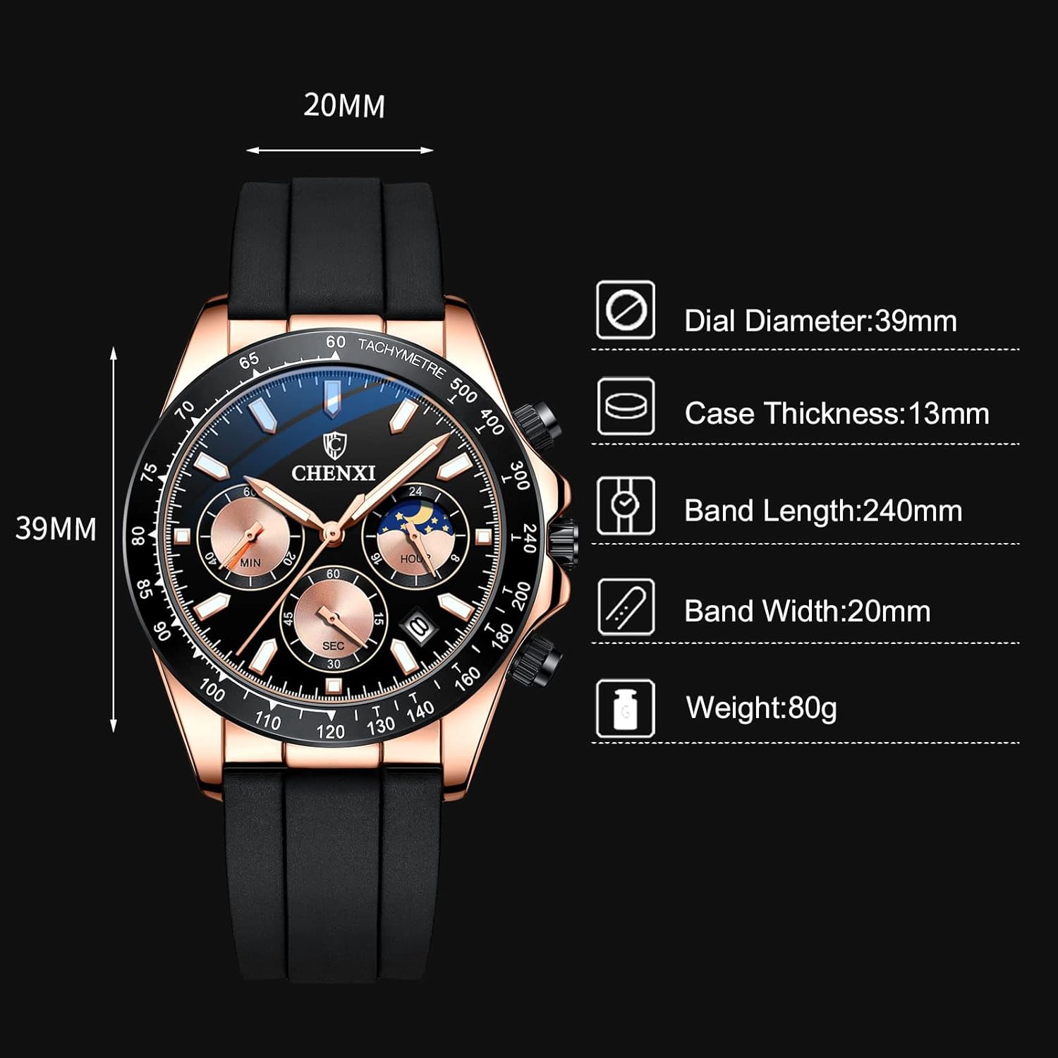 Diagram showing RORIOS watch dimensions