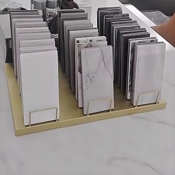 Tile Sample Display Rack for Trade Show, Multi-Layer Glass Templates Holder, Large Capacity Metal Sample Stand for Ceramic Tiles/Wood BricksGold,30 Card Slots