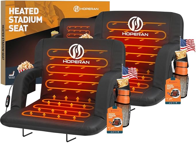 HOPERAN 25" Heated Stadium Seats for Bleachers with Back Support, Black 2PC | Seat & Back Heat Wired Control, 3 Heat Levels (NO Battery), Soft Cushion, 6 Recline, Anti-Slip, Side Pockets, Backpack Straps
