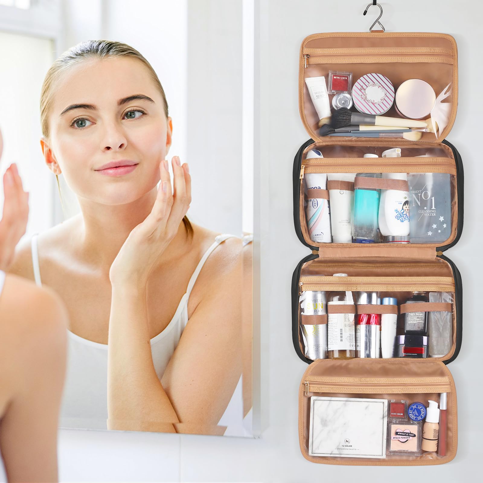 Beauty case da viaggio da donna da appendere, organizer da viaggio per articoli da toeletta di dimensioni standard, borsa da viaggio portatile impermeabile con gancio per appendere e 4 scomparti per