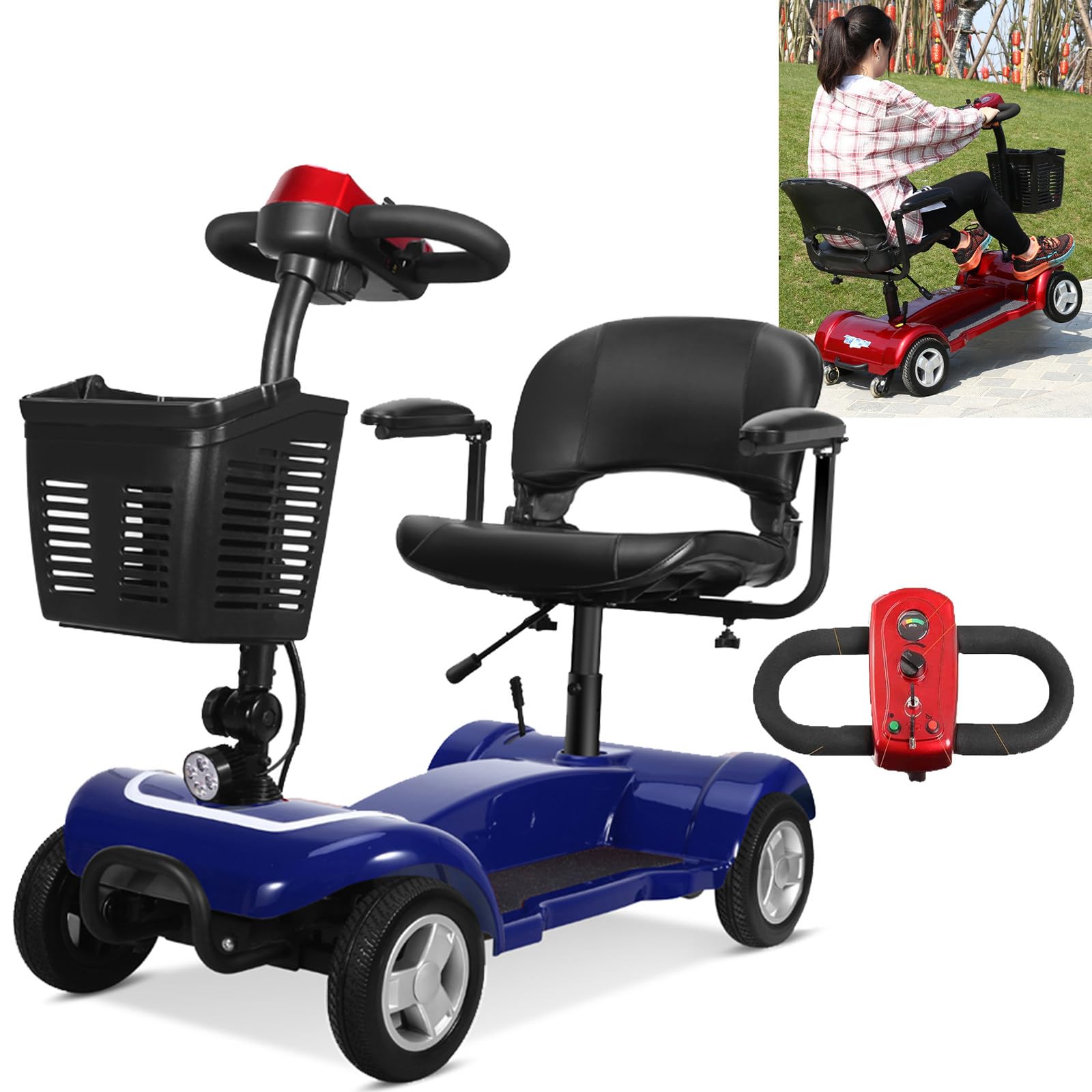 Scooter per la mobilità a 4 ruote (carico 200Kg) - Sedile girevole a 360° (regolabile in altezza), ruota 8” + faro a LED, maniglia ad anello + freno elettromagnetico, per anziani, disab