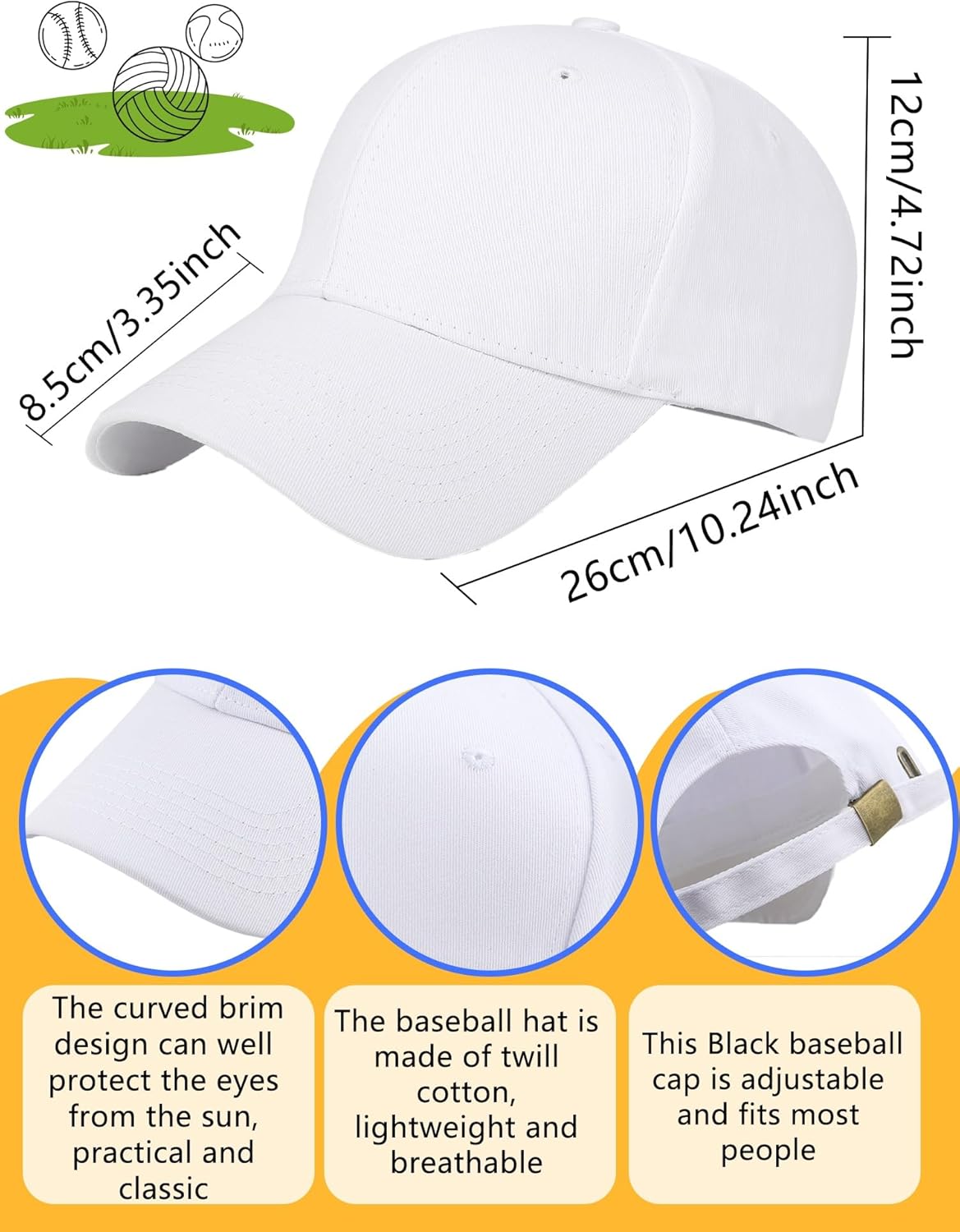 10 Pcs Adult Cotton Baseball Hat White Ball Hat Adjustable Blank Baseball Cap Summer Plain White Caps for Men Women Outdoor - Image 2